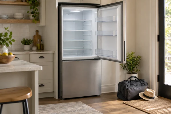 冰箱假日模式使用指南：外出前开启后，冷藏室还能留食物吗？ · AI创意图，非现场实拍